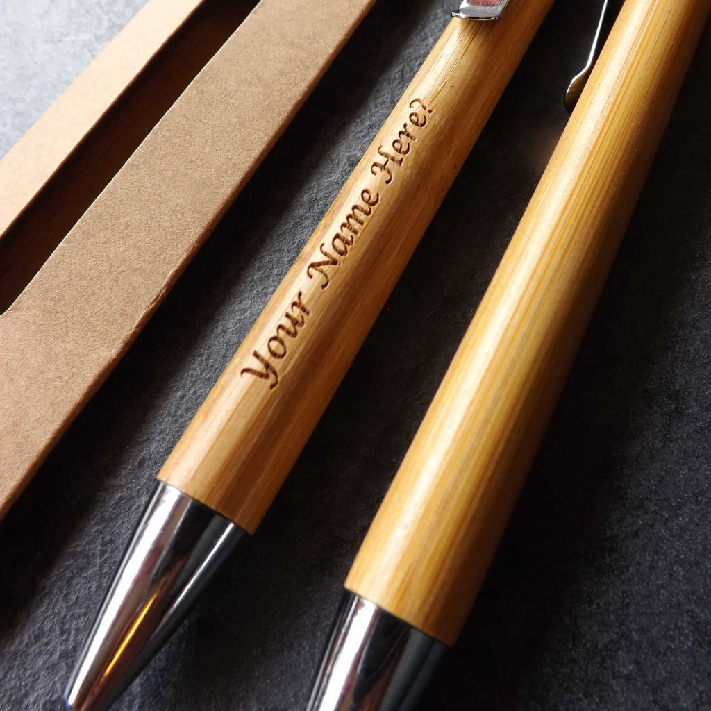Wooden Pens Personalised with your choice of name or short message from £2.95 each. Includes Free Refill and Gift Sleeve. Available in sets of 10, 20 or 30!