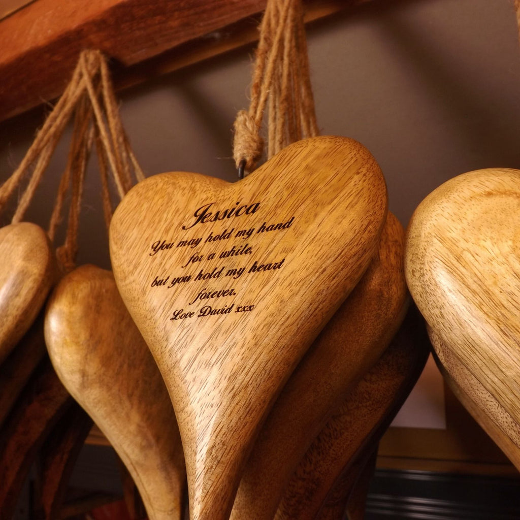 Personalised Hanging Heart in Solid Natural Wood - A Unique Anniversary Gift