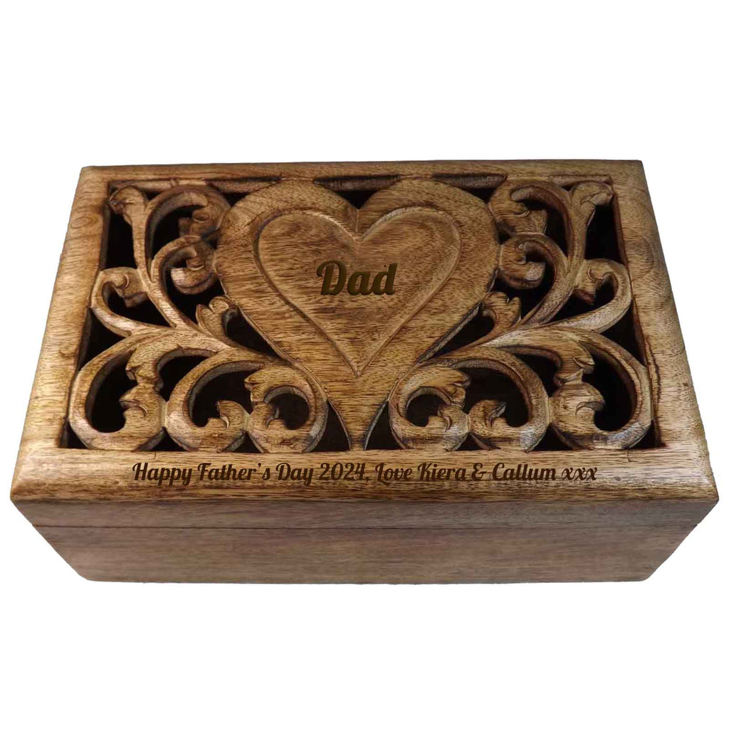 Father's Day Gift carved wooden box with personalised heart.