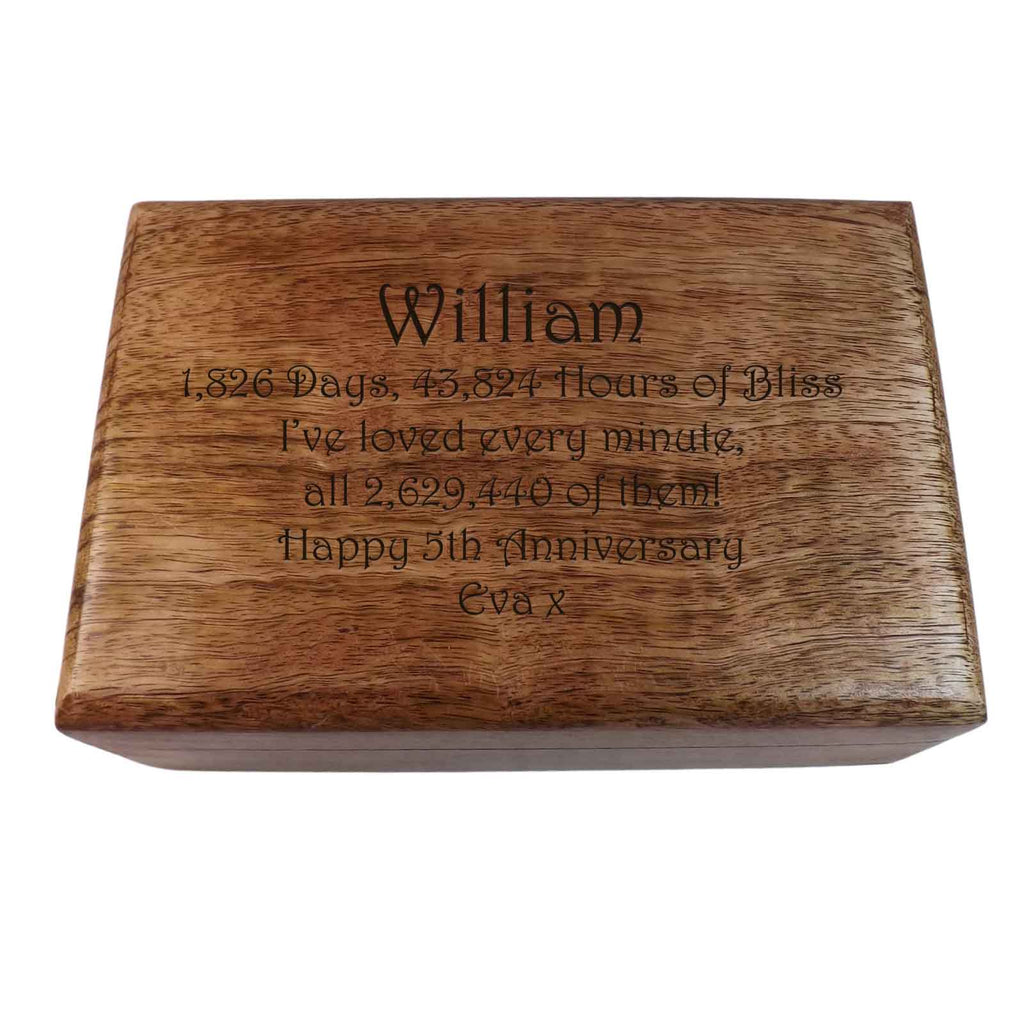 Wooden Oblong Keepsake Box, Great 5th Wedding Anniversary Present personalised with your unique message.