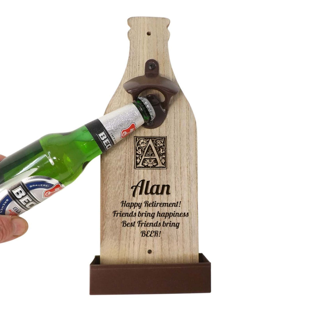 Wall Mounted Bottle Opener personalised with a name and message | A Unique Retirement Gift