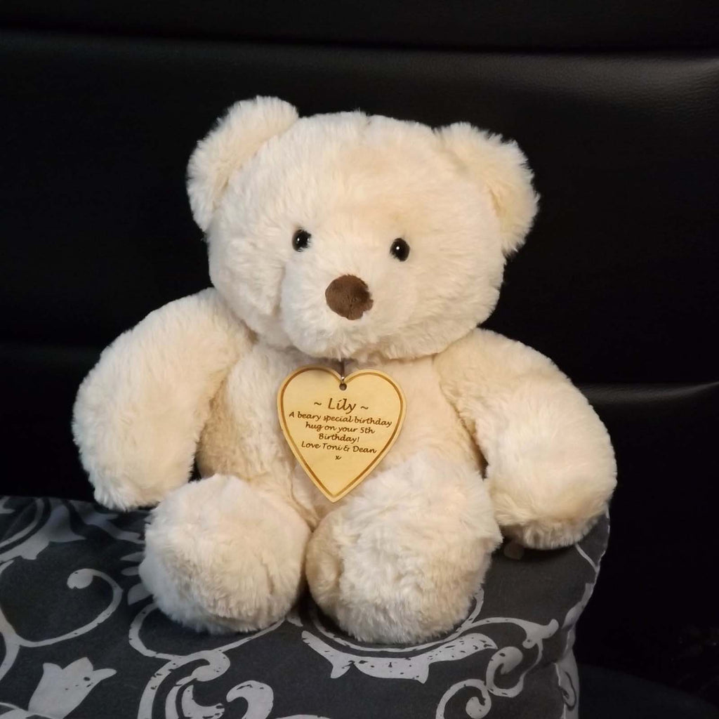 Teddy Bear with Personalised Wooden Heart Tag. A great Engagement gift.
