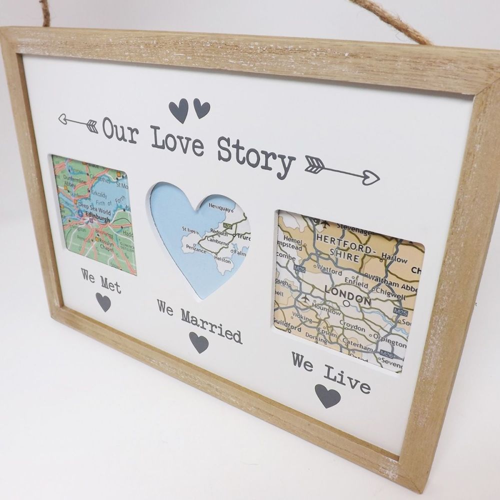 Our Love Story Triple Map Frame | Romantic 5th Anniversary Gift