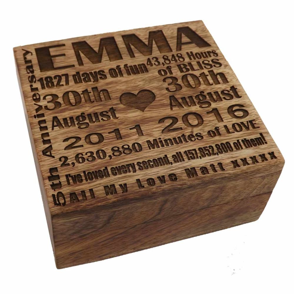 5th Wedding Anniversary Square Wooden Keepsake Box with Unique Personalised Lid
