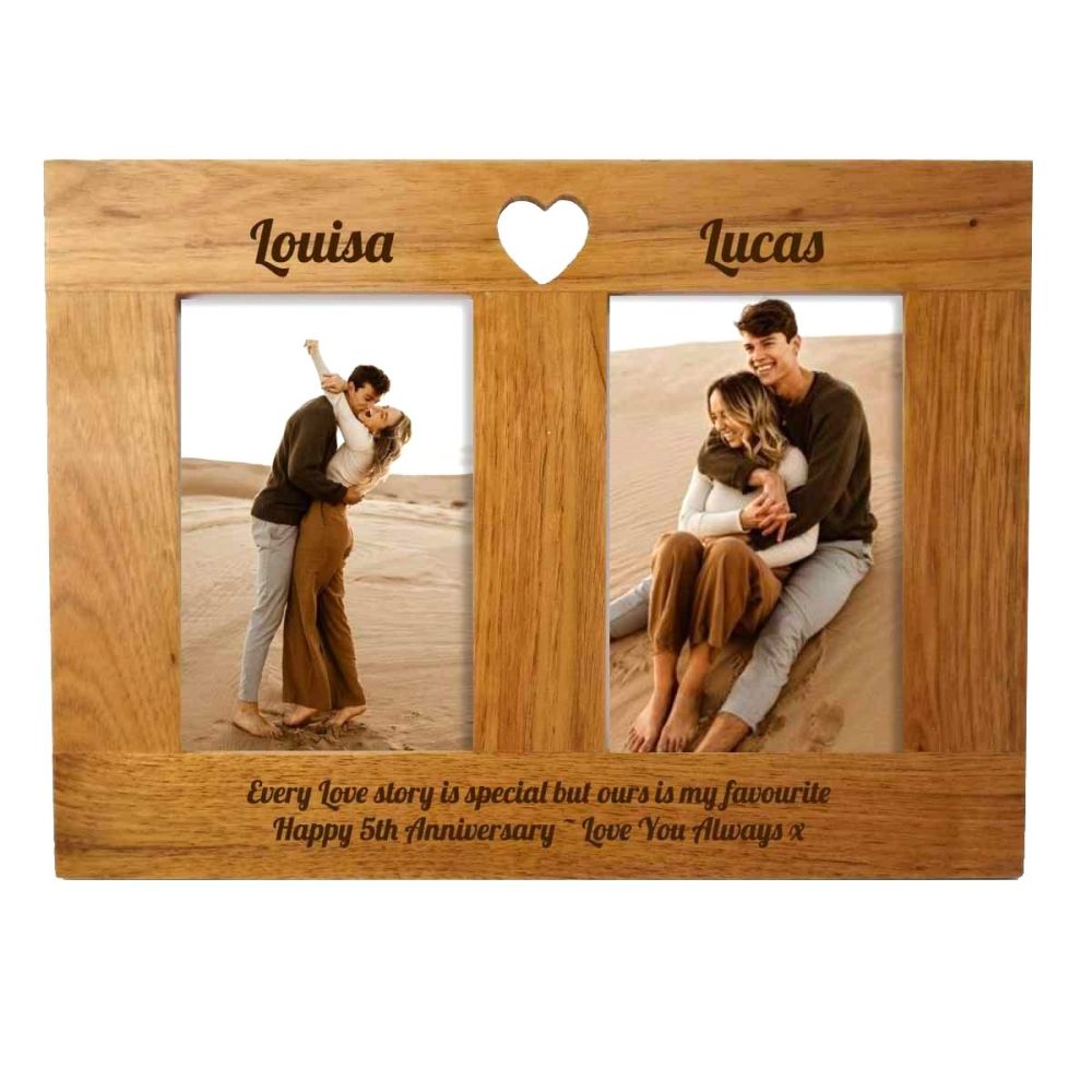 Double Oak Photo frame personalised. A unique 5th Anniversary gift.