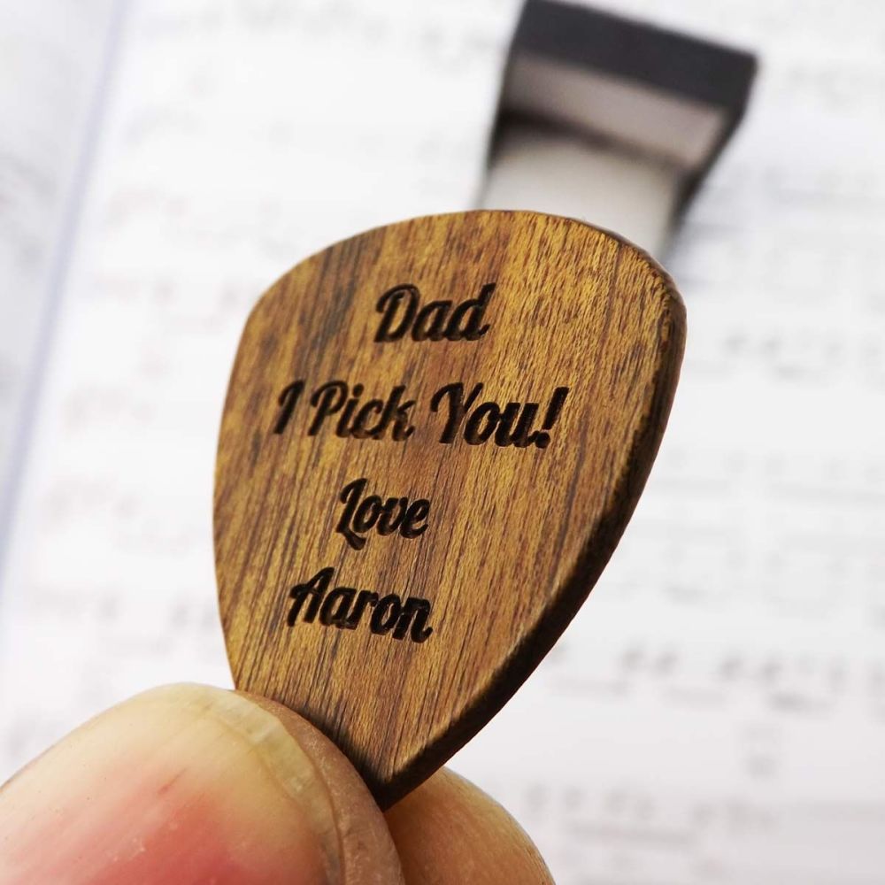 Wooden Guitar Pick - Plectrum engraved with name or message. Unique Christmas gift.