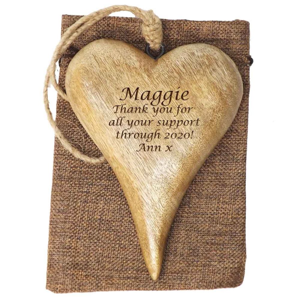 Personalised Hanging Heart in Solid Natural Wood - A Unique Thank you Gift