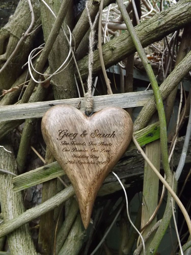 Personalised Hanging Heart in Solid Natural Wood - A Unique Thank you Gift