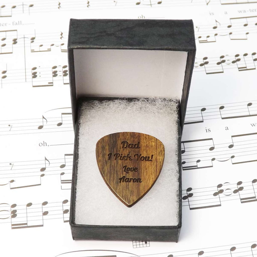 Father’s Day Wooden Guitar Pick Personalised with a name or message.