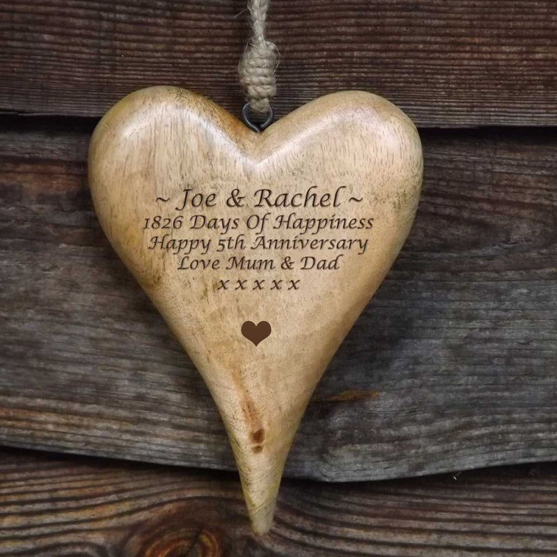 Personalised Hanging Heart in Solid Natural Wood- A Unique 5th Anniversary Gift
