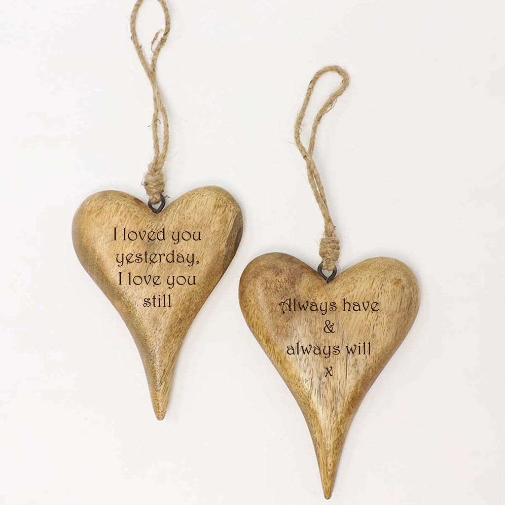 Valentine's Special -  Two Personalised Small Hanging Heart in Solid Natural Wood