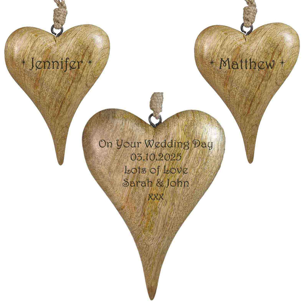 Personalised set of wooden hanging hearts in solid wood - A unique Wedding Gift