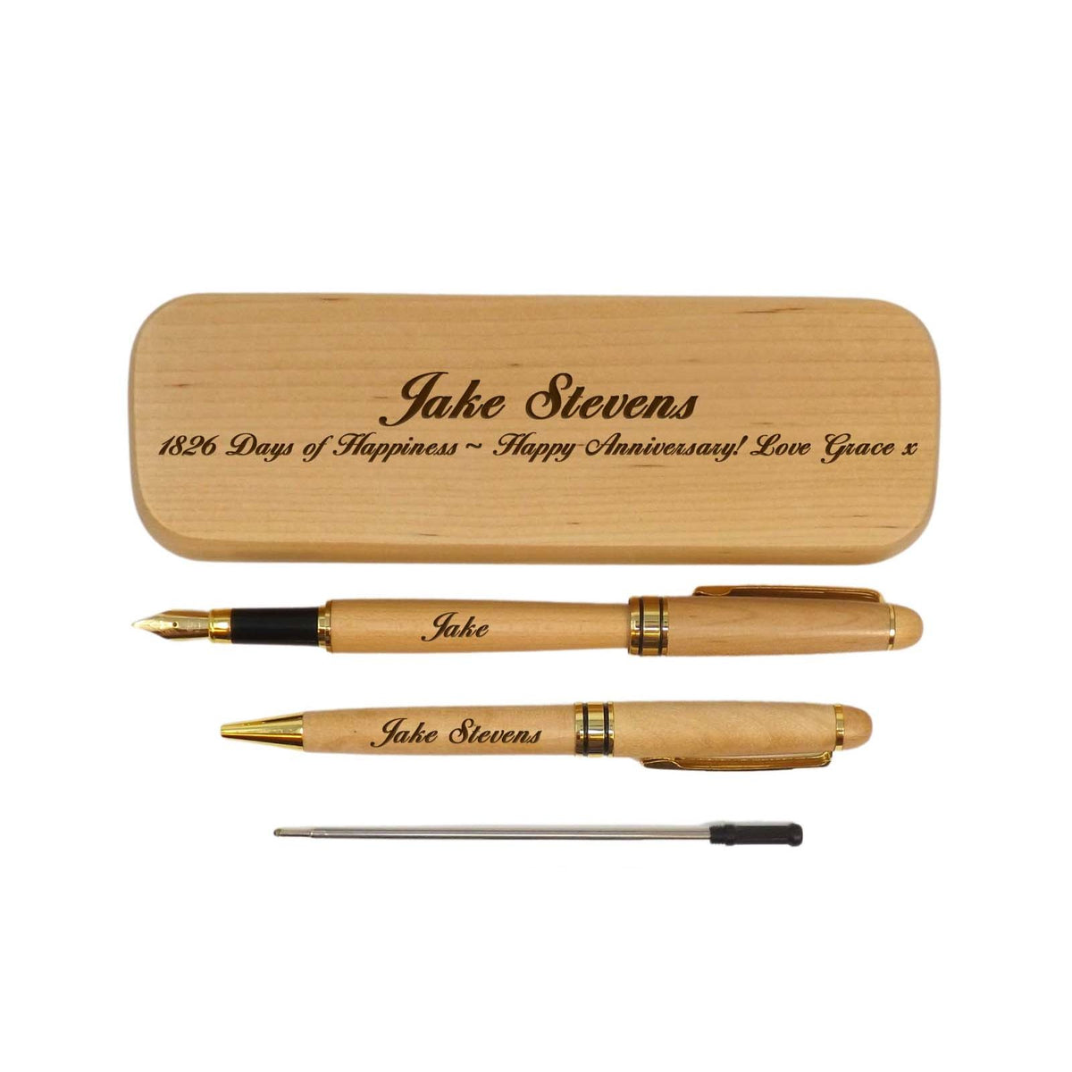Personalised Maple Ballpoint and Fountain Pen in Maple Box | A Unique 5th Anniversary Gift