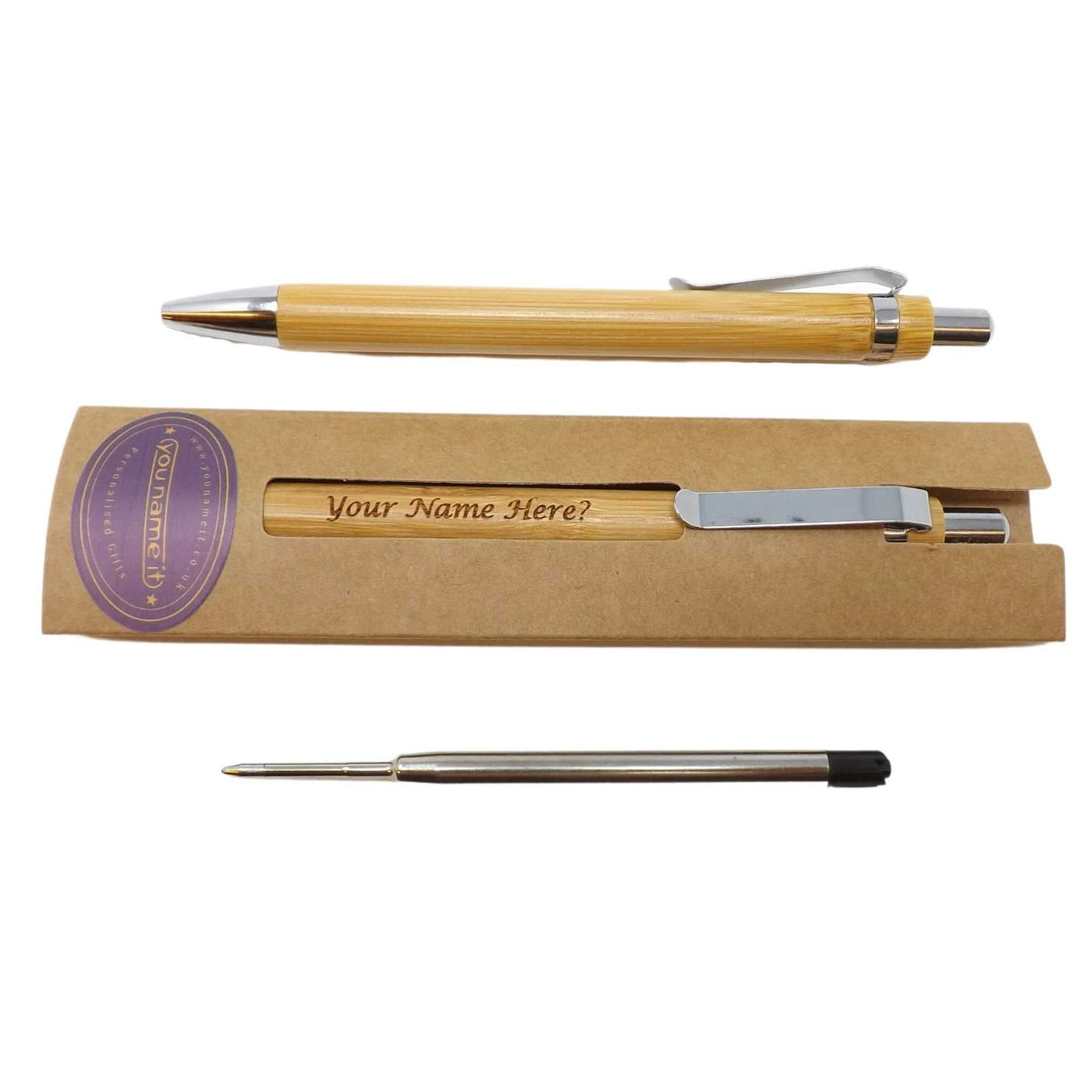 Bamboo Wooden Pens Personalised with your choice of name or short message from £2.95 each. Includes Free Refill and Gift Sleeve. Available in sets of 10, 20 or 30!