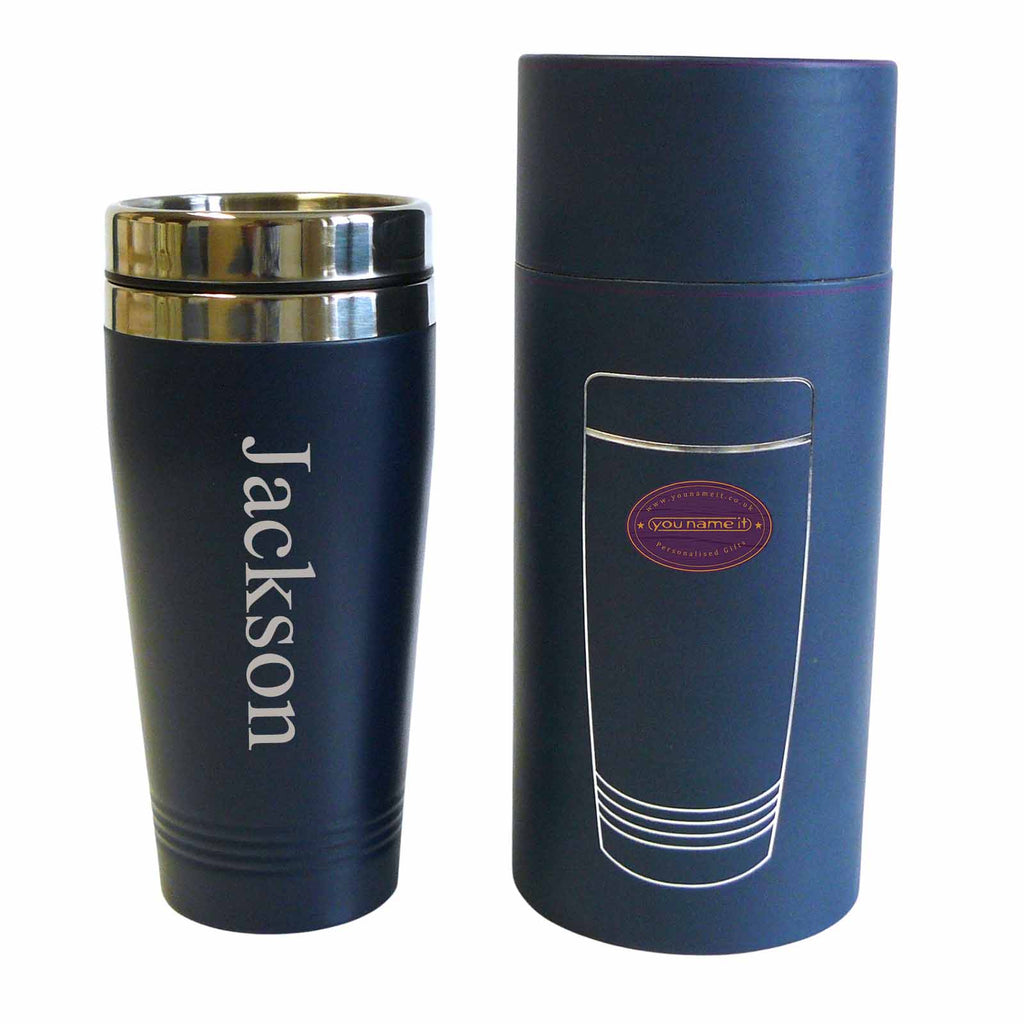 Personalised re-usable Black/Pink thermal Stainless-Steel travel mug. Ideal Anniversary gift