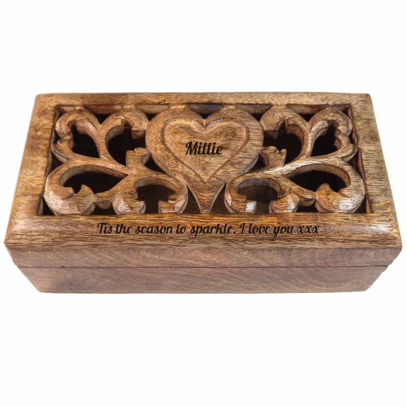 Christmas Gift carved wooden box with personalised heart.