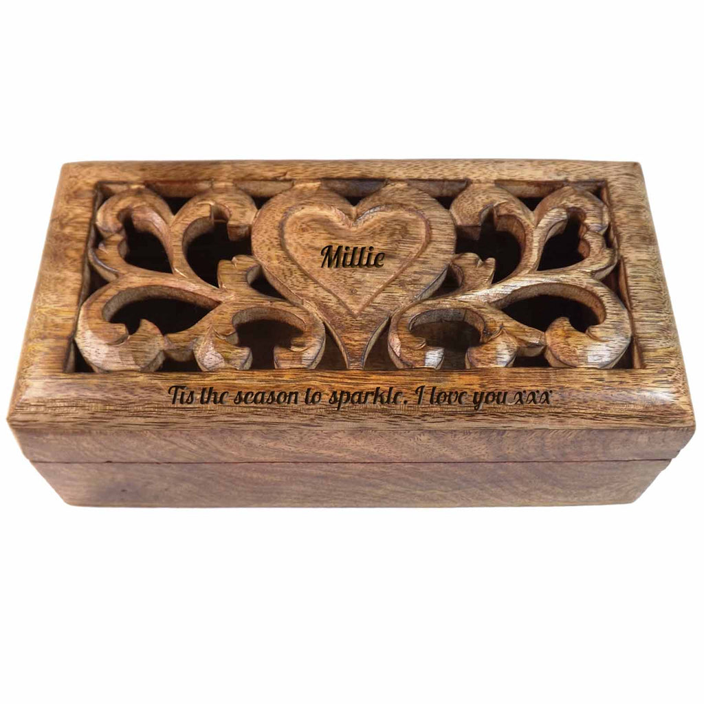 Christmas Gift carved wooden box with personalised heart.