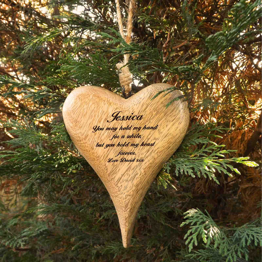 Personalised Hanging Heart in Solid Natural Wood - A Unique 5th Anniversary Gift