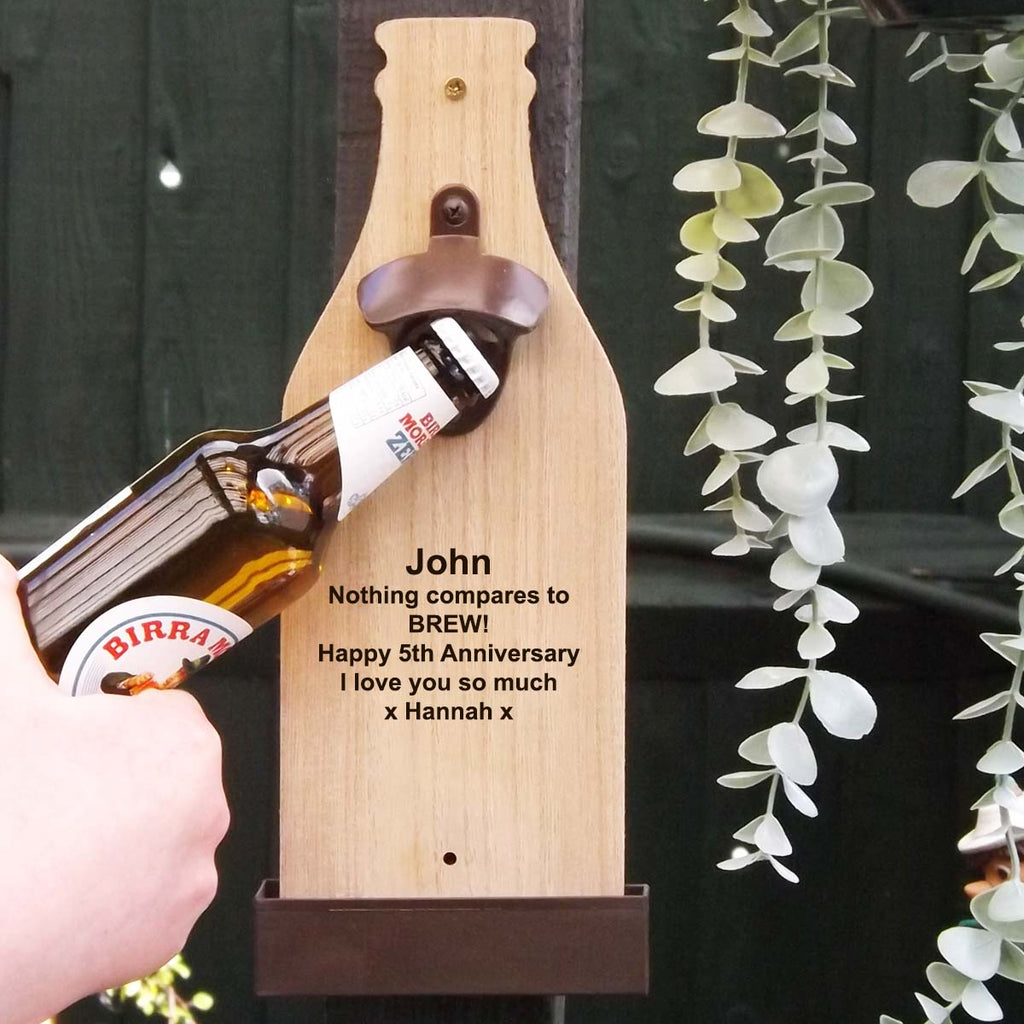 Wall Mounted Bottle Opener personalised with a name and message | A Unique 5th Anniversary Gift
