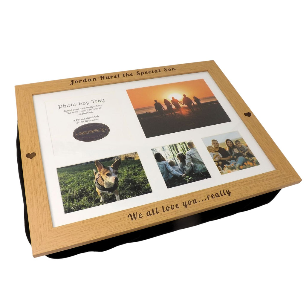 Personalised photo lap tray engraved with your choice of message. Perfect gift to say Thank You.