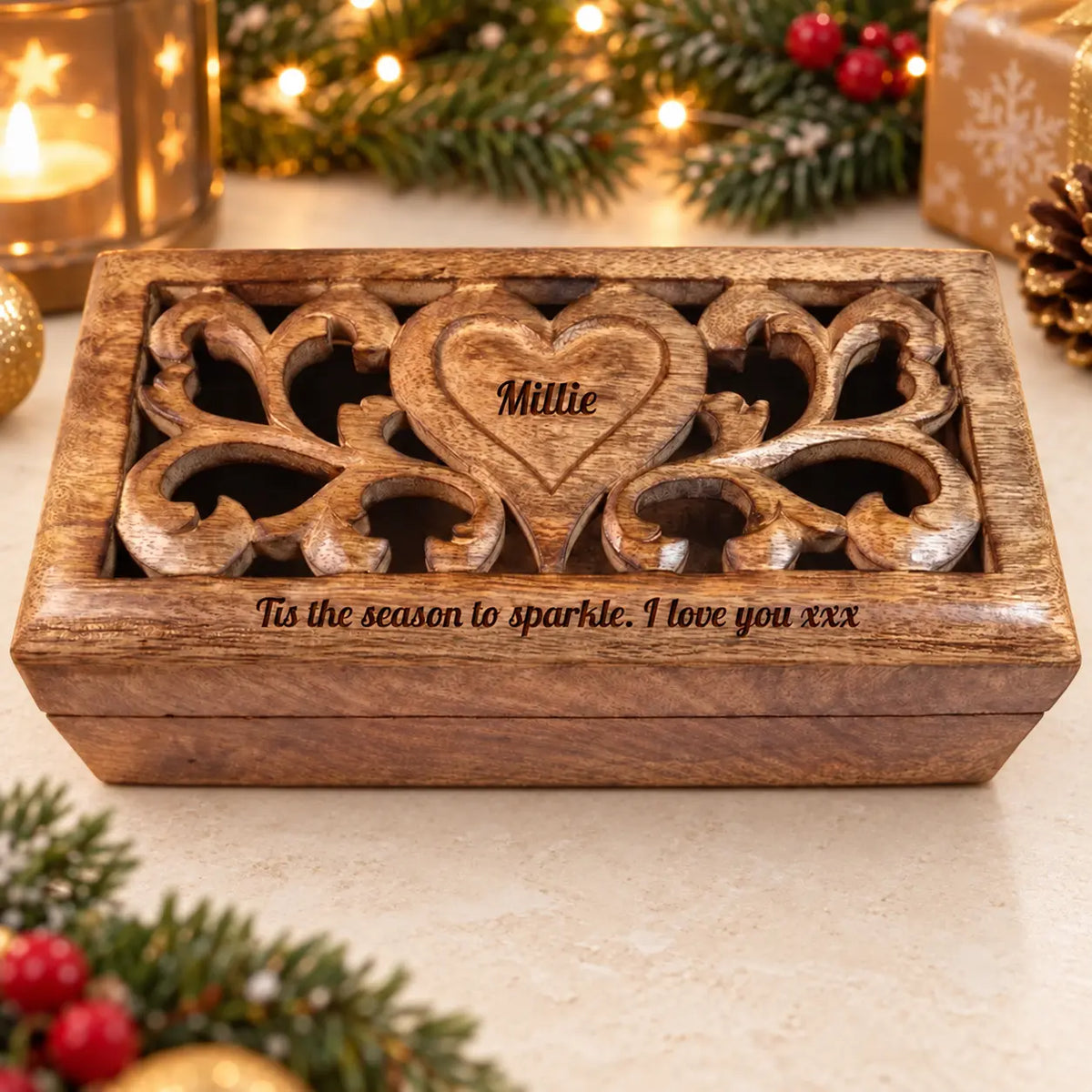 Christmas Gift carved wooden box with personalised heart