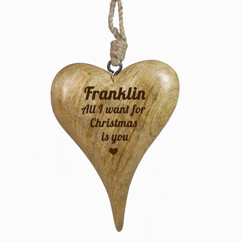 Personalised Hanging Heart in Solid Natural Wood. A unique Christmas Gift.