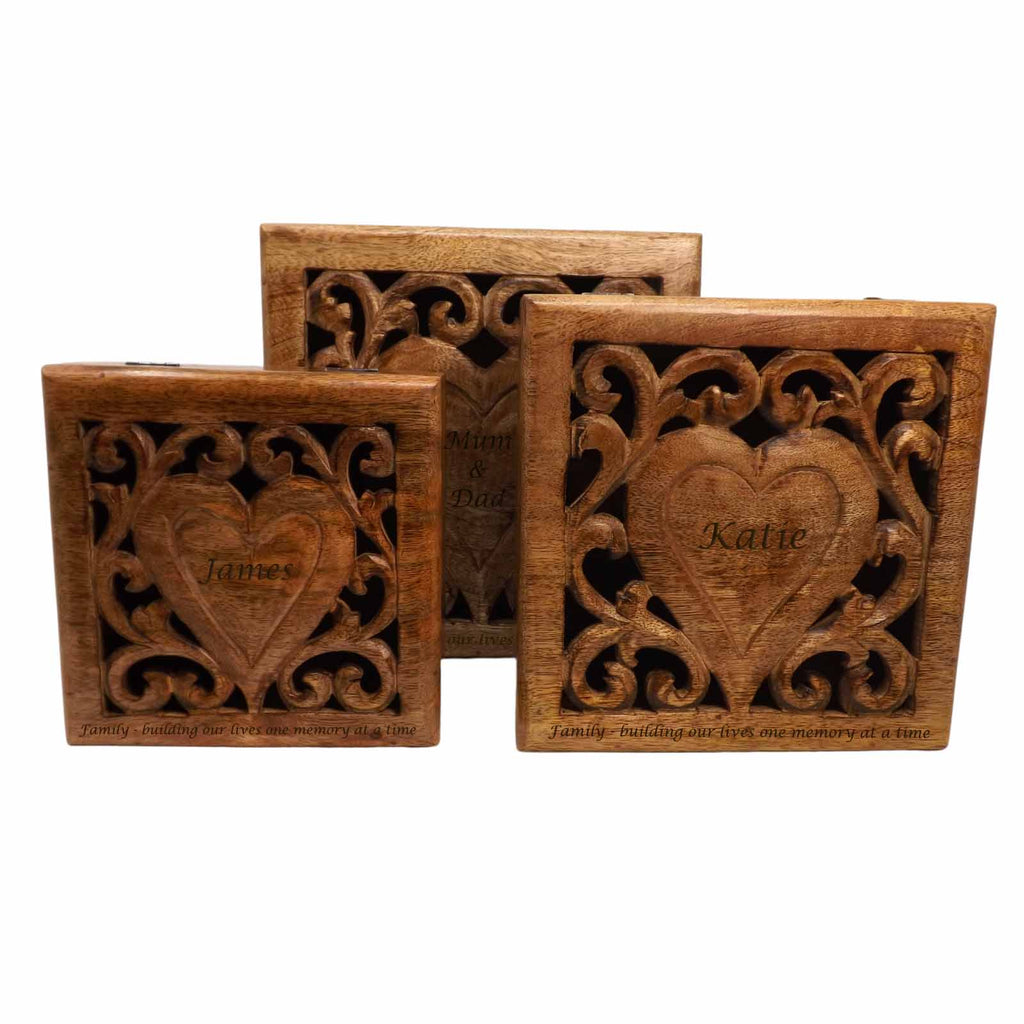 Fifth Anniversary Set of Three Wooden Boxes with a Personalised Heart