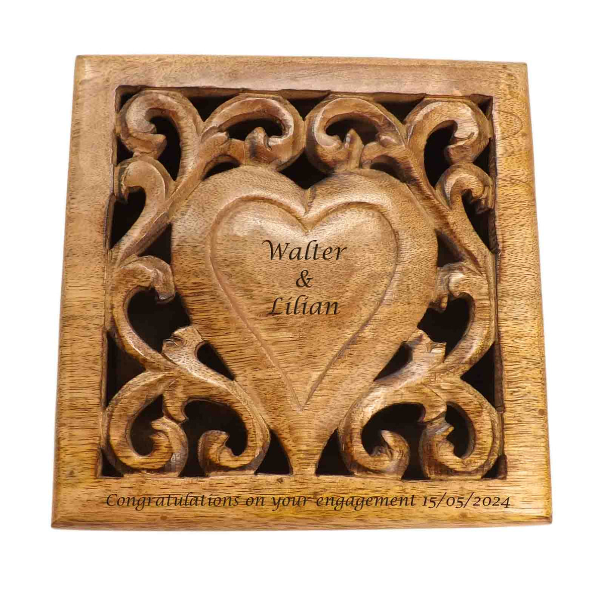 Engagement Gift Decorative Square Wooden Box with a Personalised Heart