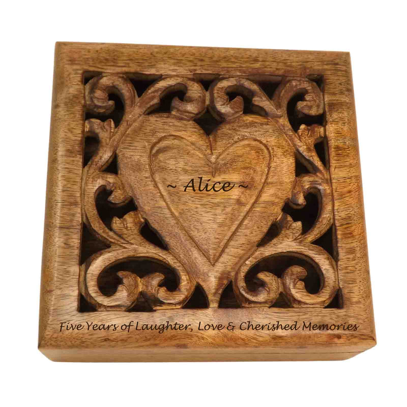 5th Wedding Anniversary Gift Decorative Square Wooden Box with a Personalised Heart