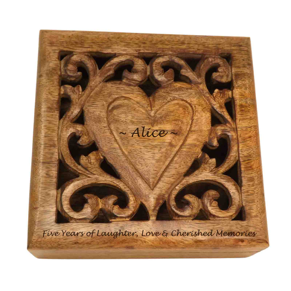 5th Anniversary Wood Box with personalised carved Heart