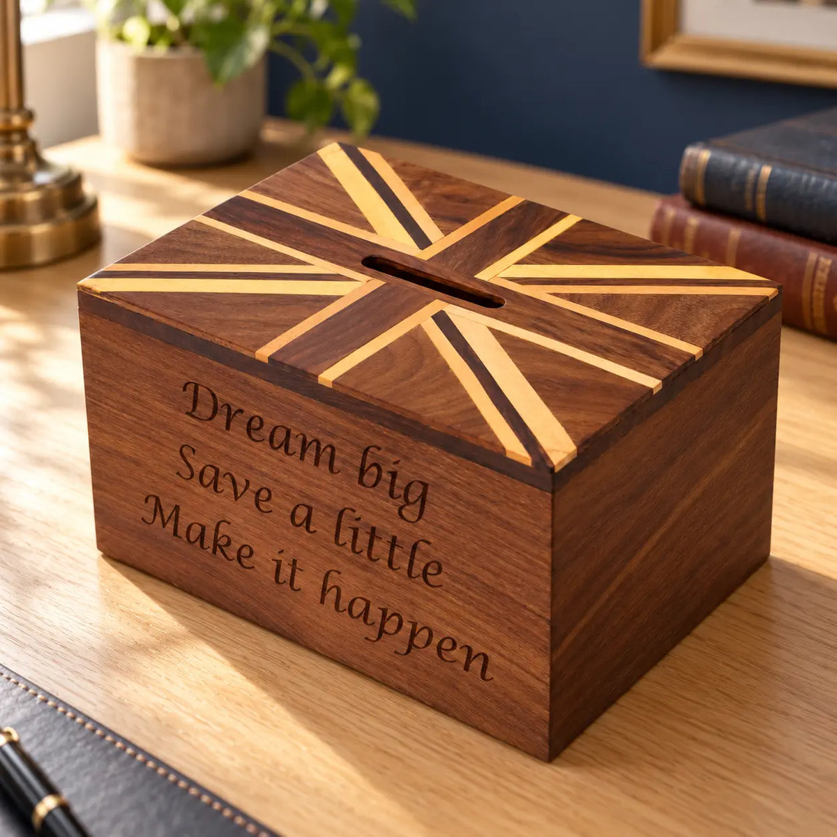 Personalised Union Jack Money Box in Sheesham Wood