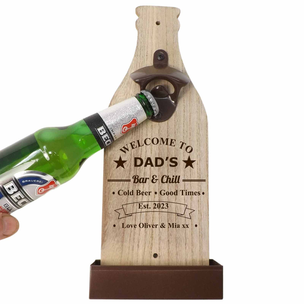 Wall Mounted Bottle Opener personalised with a name and message | A Unique Father's Day Gift