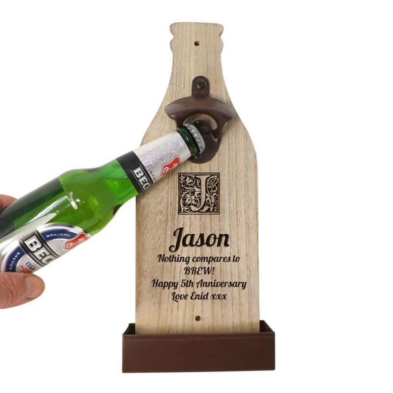 Wall Mounted Bottle Opener personalised with a name and message | A Unique 5th Anniversary Gift