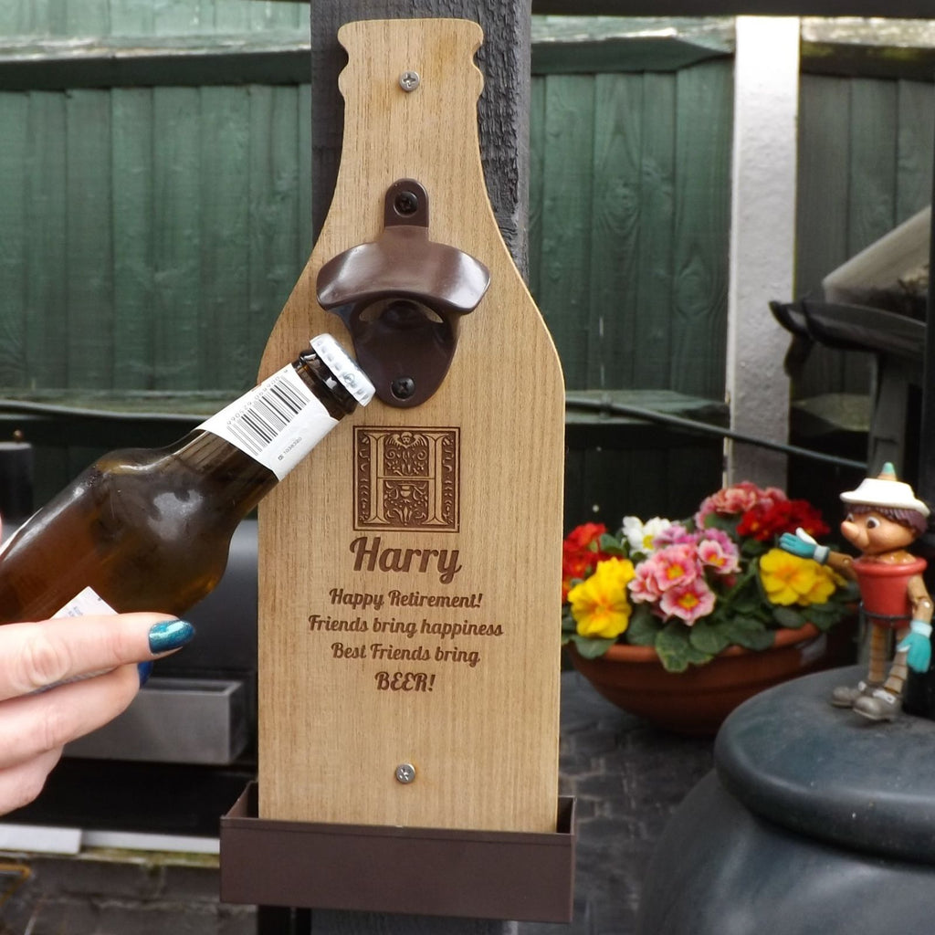 Wall Mounted Bottle Opener personalised with a name and message | A Unique Retirement Gift