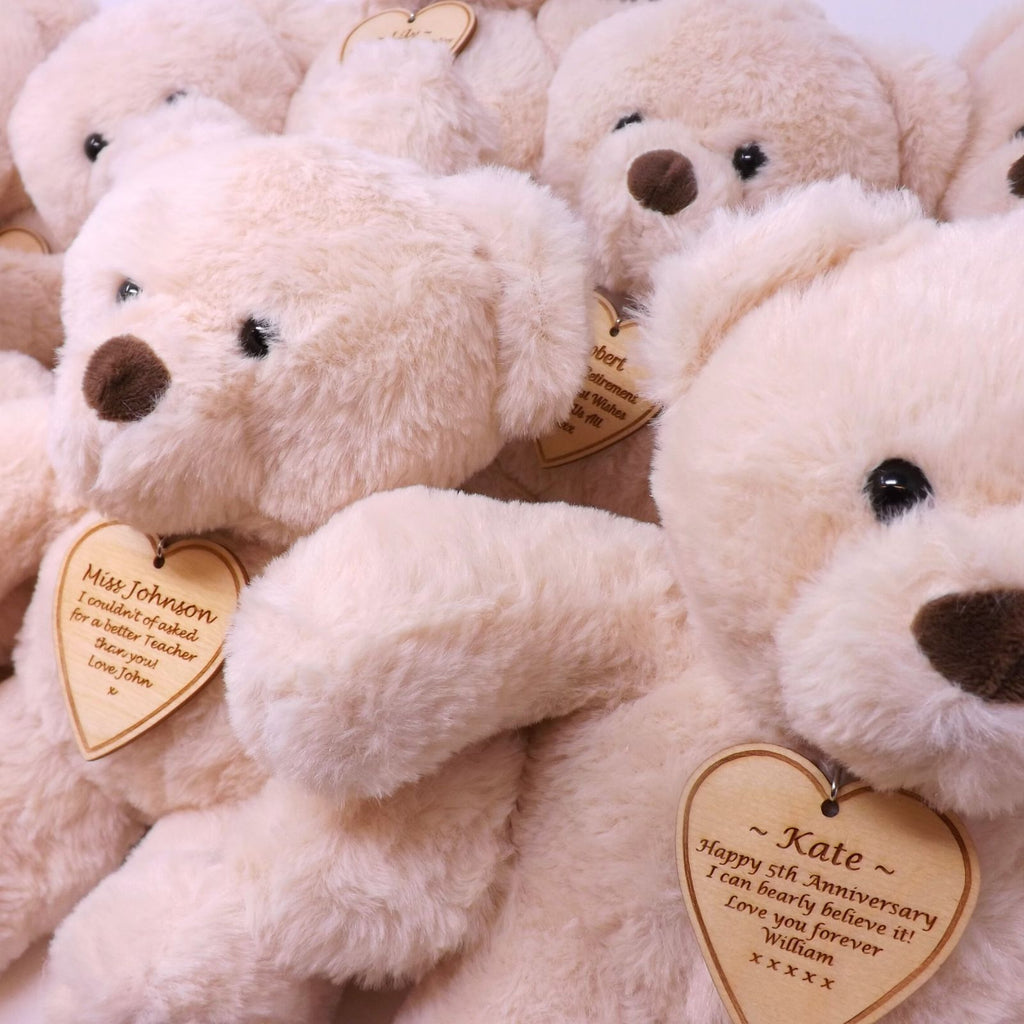 5th Anniversary Teddy Bear With Personalised Wooden Heart Shaped Tag