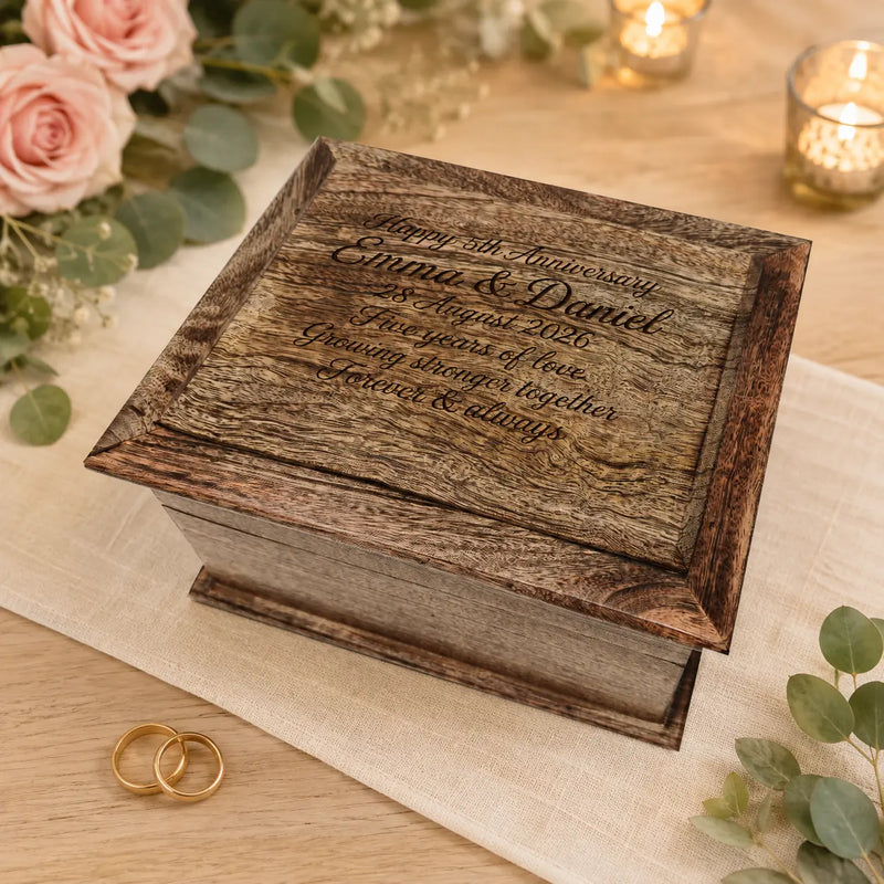 Personalised Pagoda-Style Oblong Mango Wood Keepsake Box | 5th Anniversary Gifts