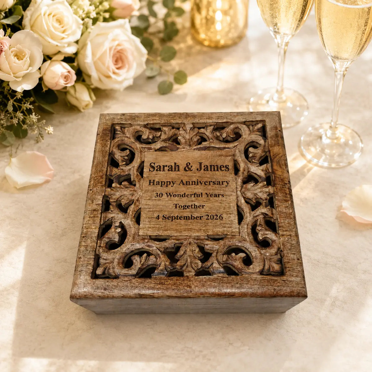 Personalised Ornate Hand-Carved Mango Wood Keepsake Box - Perfect Anniversary Gift