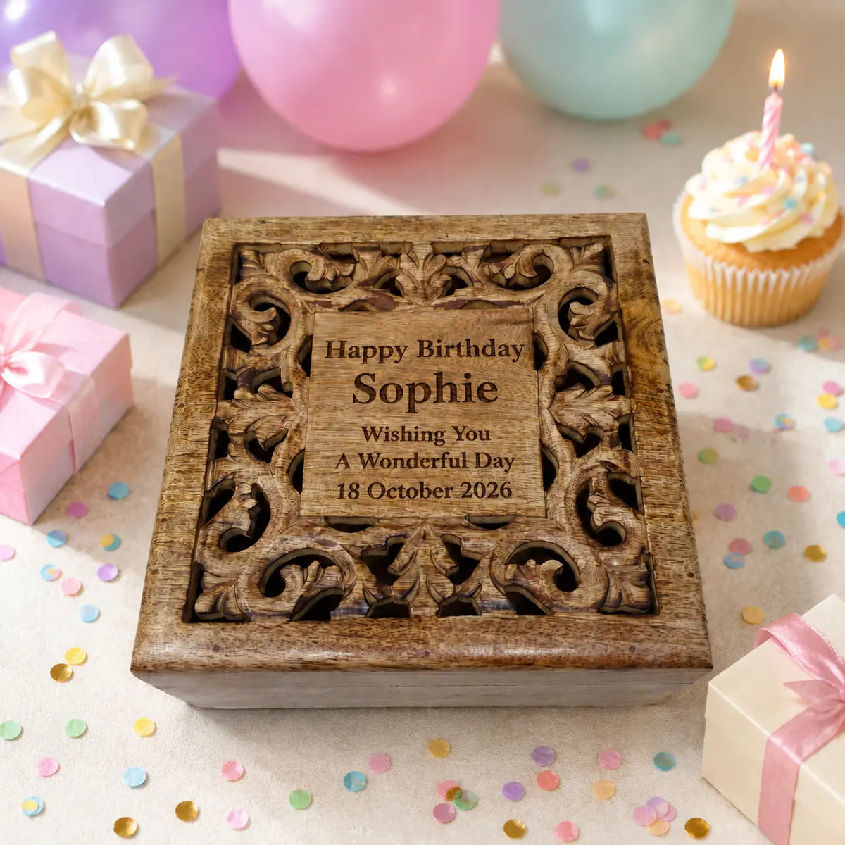 Personalised Ornate Hand-Carved Mango Wood Keepsake Box - Perfect Birthday Gift