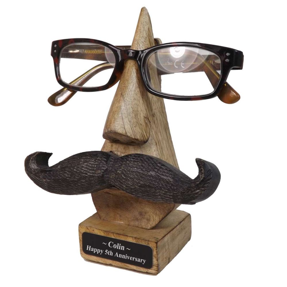Glasses Holder with Moustache personalised with your Anniversary message.
