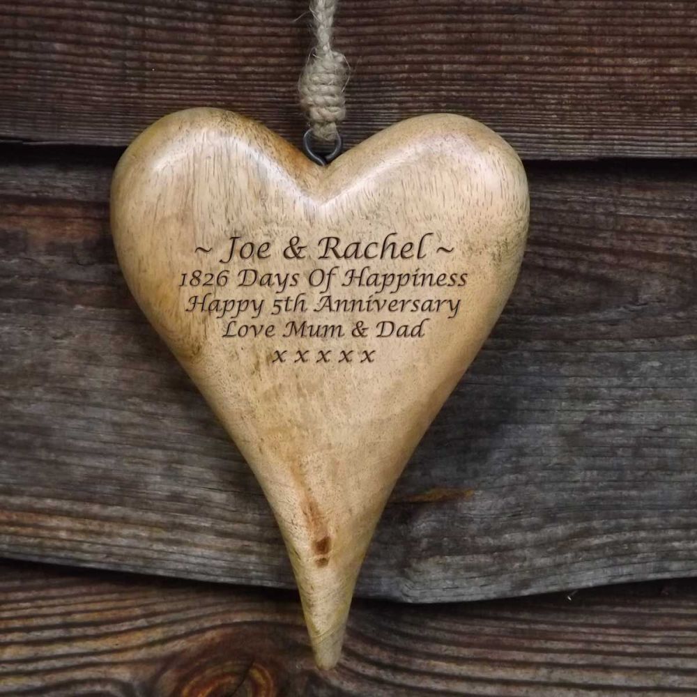 Personalised Large Hanging Heart in Solid Natural Wood- A Unique 5th Anniversary Gift