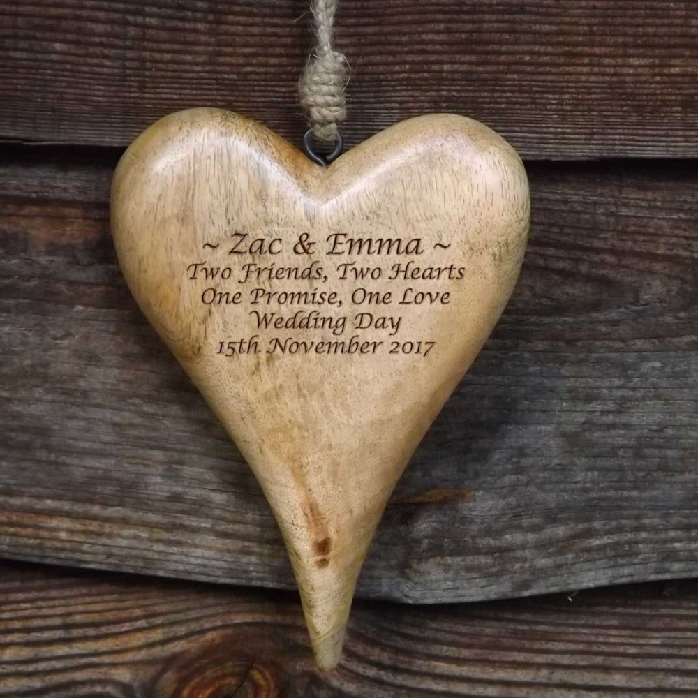 Personalised Hanging Heart in Natural Solid Wood  - A Unique Wedding Gift