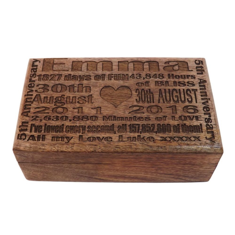 5th Wedding Anniversary Solid Wood Oblong Keepsake Box with unique lid engraving
