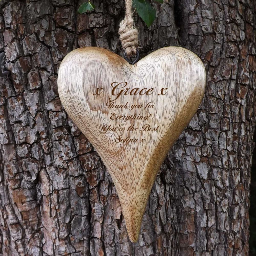 Personalised Hanging Heart in Natural Solid Wood - A Unique Thank you Gift