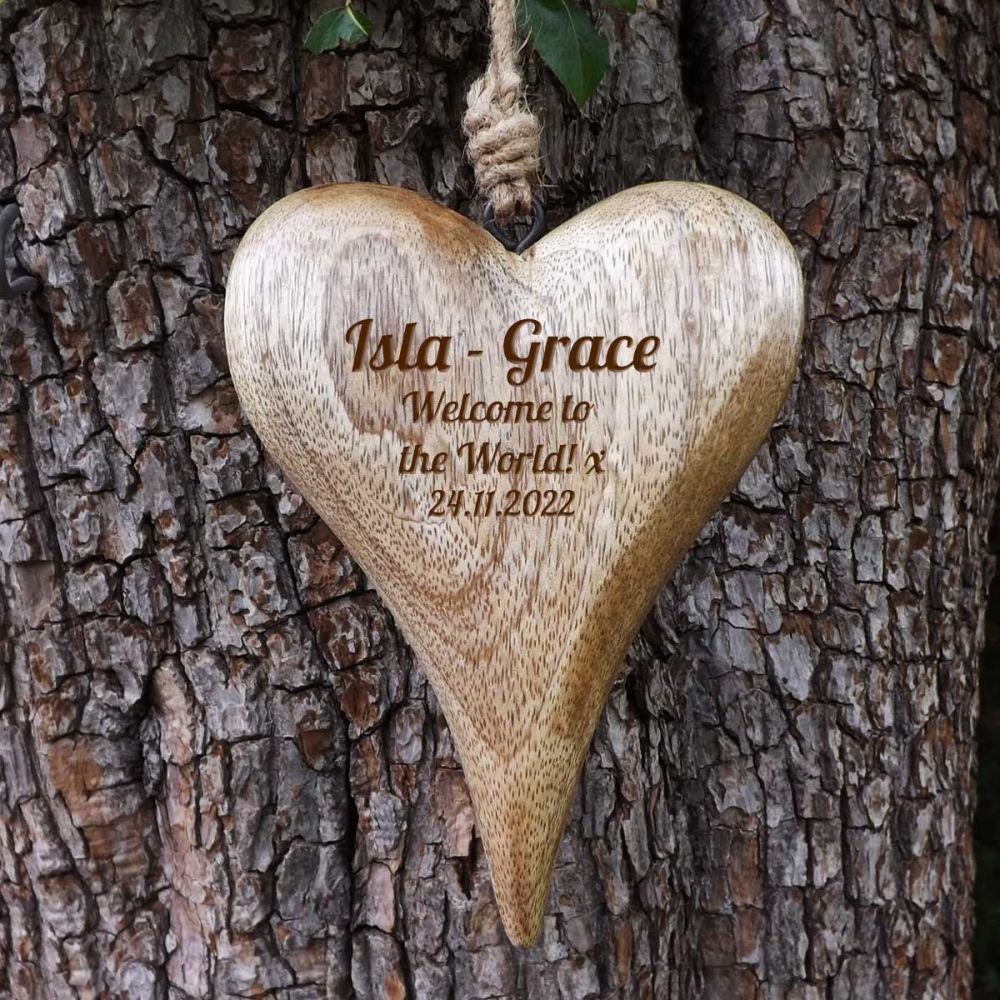 Personalised Hanging Heart in Natural Solid Wood  - A Unique Christening & New Born keepsake