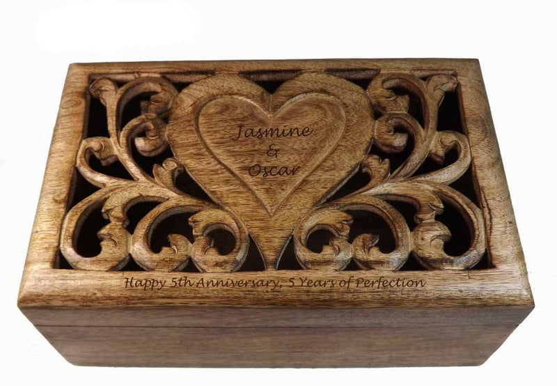 5th Wedding Anniversary Gift carved wooden box with personalised heart.