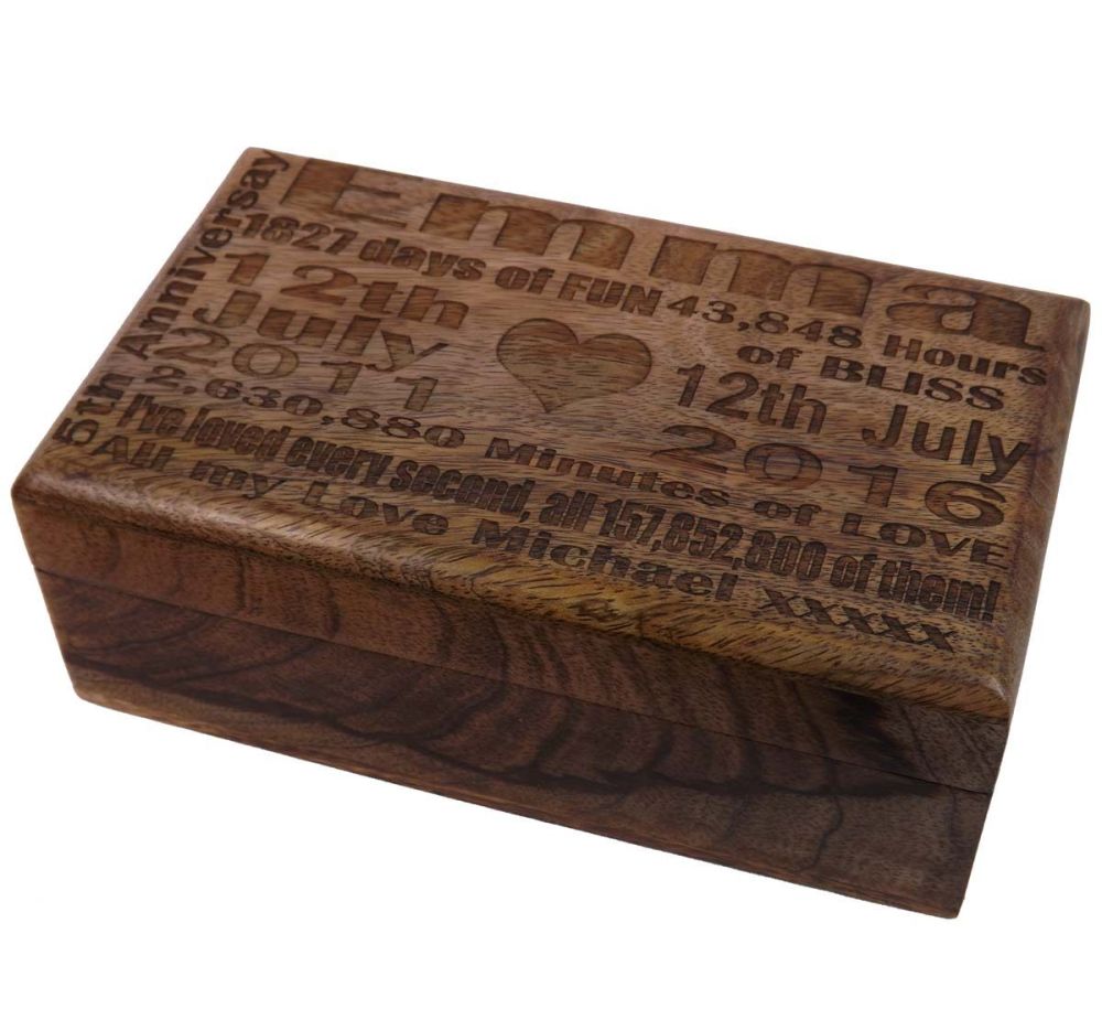 5th Wedding Anniversary Solid Wood Oblong Keepsake Box with unique lid engraving