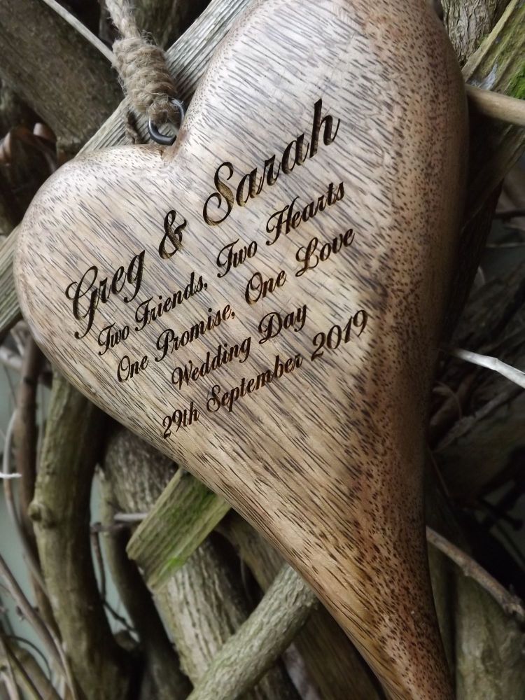 Personalised Hanging Heart in Solid Natural Wood - A Unique Engagement Gift