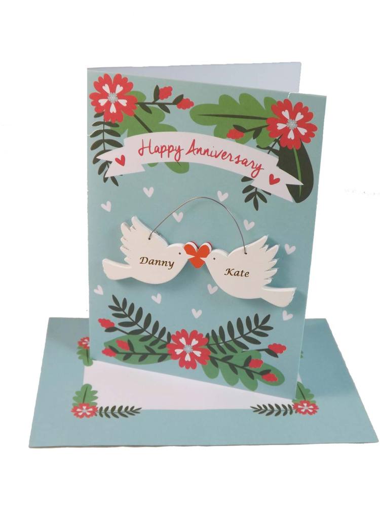 Anniversary Card With Personalised Wooden Birds
