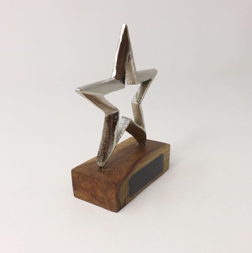 Aluminium Star award & stand with personalised black engraving plate. Ideal Mother's Day Gift.