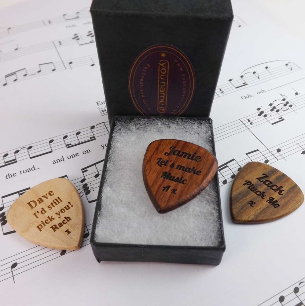 Wooden Guitar Pick - Plectrum engraved with name or message. Unique Christmas gift.